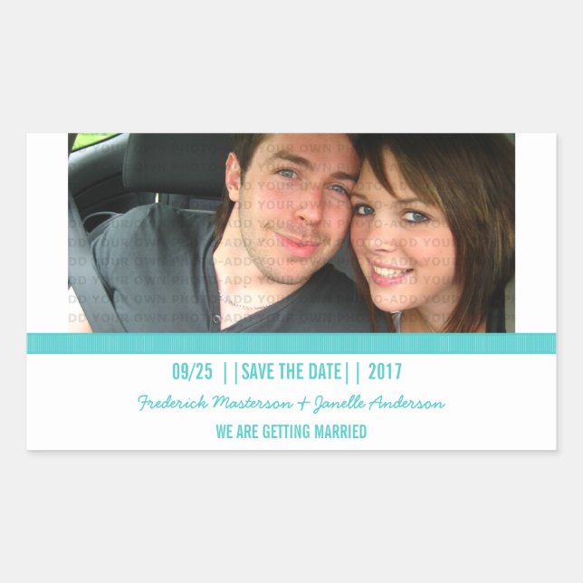Aqua Modern Photo Save the Date Stickers (Front)