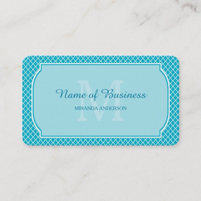 Aqua Monogram Lattice Border Business Card (Front)