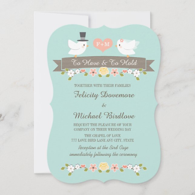 Aqua Monogram Love Birds Dove Wedding Invitation (Front)