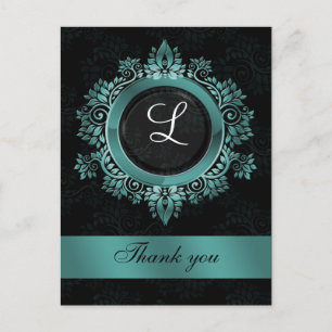 aqua monogram wedding thank you postcard