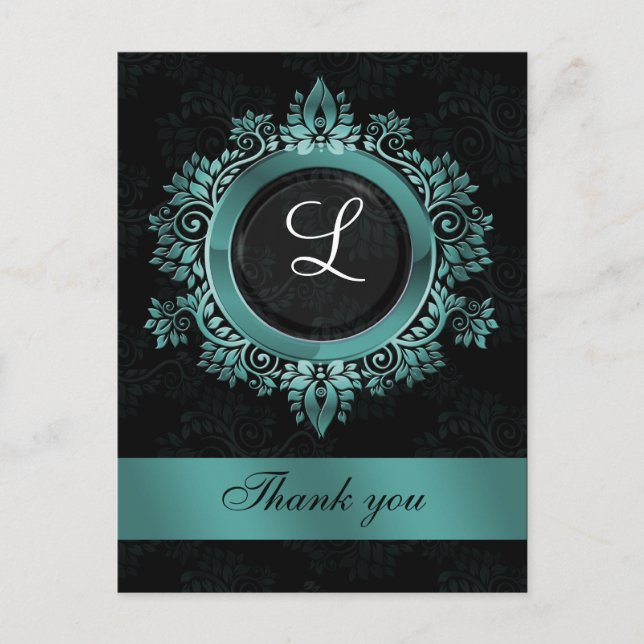 aqua monogram wedding thank you postcard (Front)