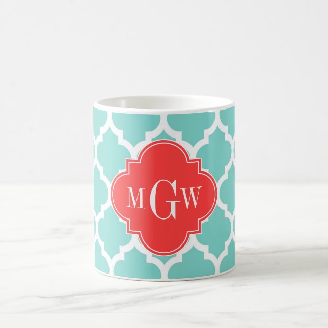 Aqua Moroccan #5 Coral Red 3 Initial Monogram Coffee Mug (Center)