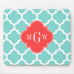 Aqua Moroccan #5 Coral Red 3 Initial Monogram Mouse Pad