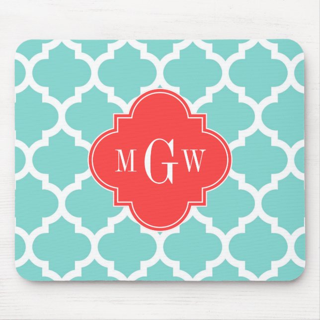Aqua Moroccan #5 Coral Red 3 Initial Monogram Mouse Pad (Front)