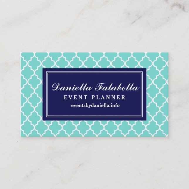 Aqua Moroccan Tiles Lattice Personalised Business Card (Front)
