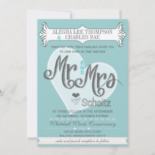 Aqua Mr and Mrs Typography Weddings Invitation