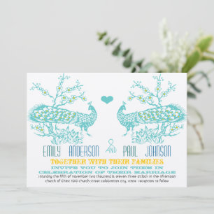 Aqua & Mustard Yellow Peacock Wedding Invitations