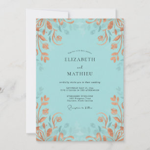 Aqua Muted Terracotta Leafy Wedding Invitation