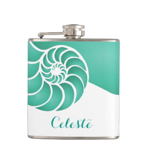 Aqua Nautilus Shell with Custom Monogram Hip Flask