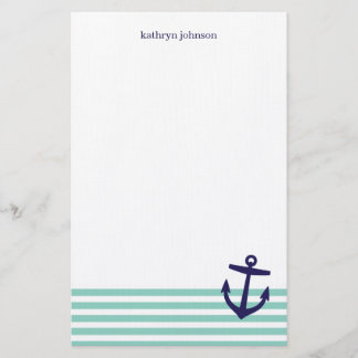 Aqua & Navy Blue Nautical Stripes & Cute Anchor Stationery