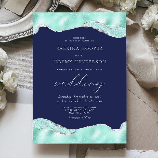 Aqua Navy Blue Silver Foil Glitter Wedding Invitation (Creator Uploaded)