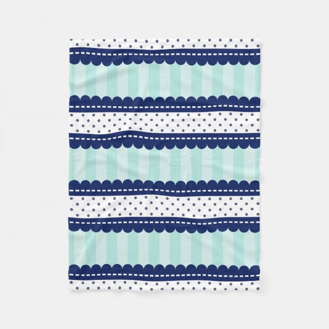 Aqua Navy Blue Stripes And Polka Dots Pattern Fleece Blanket (Front)