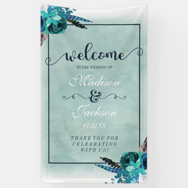 Aqua & Navy Blue Watercolor Floral Wedding Welcome Banner (Vertical)
