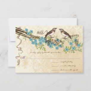 Aqua & Navy Cherry Blossom Vintage Bird Weddings RSVP Card
