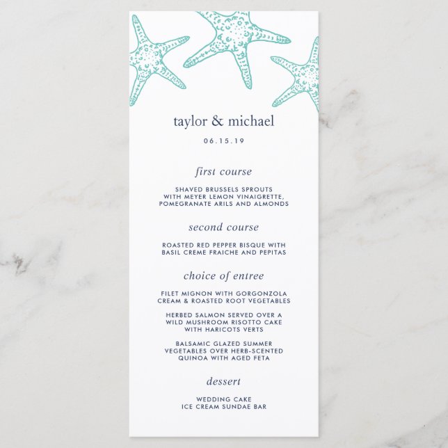 Aqua & Navy Starfish Wedding Menu Card (Front)