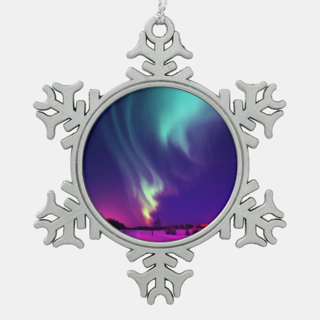 Aqua Northern Lights Alaskan Nights Snowflake Pewter Christmas Ornament (Front)