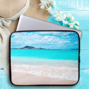 Aqua ocean and sandy beach photo custom monogram laptop sleeve