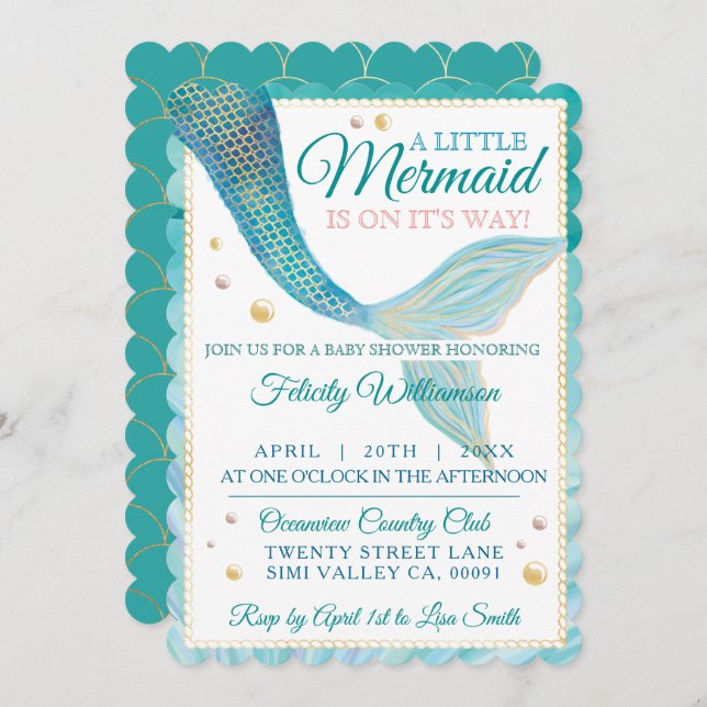 Aqua Ocean Mermaid Tail Baby Shower Invitation (Front/Back)