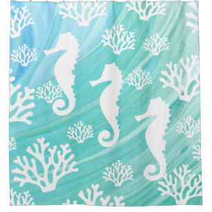 Aqua Ocean Seahorse Coral Shower Curtain