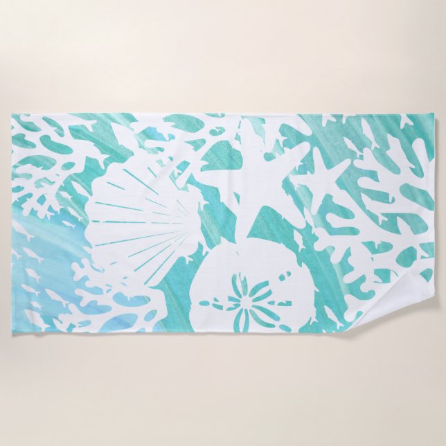 Aqua Ocean Seashells Fish Coral  Beach Towel (Front)