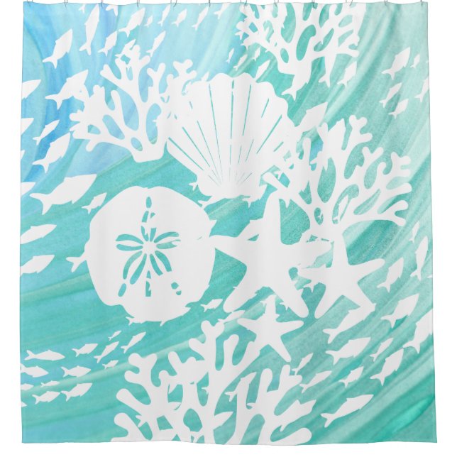 Aqua Ocean Seashells Fish Coral  Shower Curtain (Front)