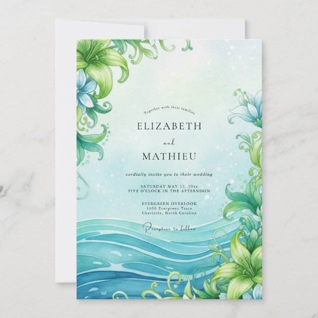 Aqua Ocean Wave Dusty Eucalyptus Wedding Invitation (Front)