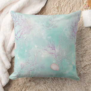 Aqua Ocean Waves & Seashell Pattern (16) Cushion