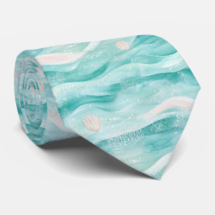 Aqua Ocean Waves & Seashell Pattern (2) Tie