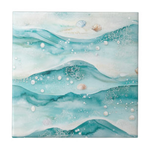 Aqua Ocean Waves & Seashell Pattern (5) Tile