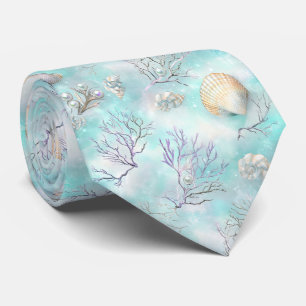 Aqua Ocean Waves & Seashell Pattern (8) Tie