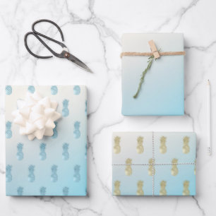 Aqua Ombre Gold Pineapples Wrapping Paper Sheet