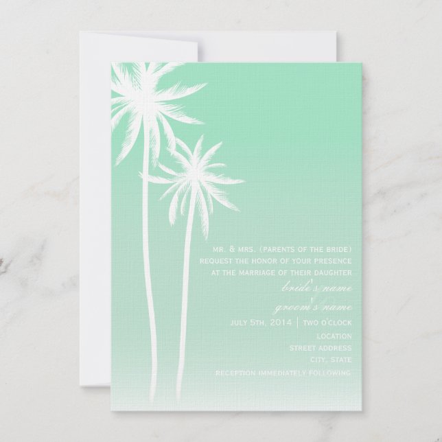 Aqua Ombré  Palm Trees Beach Wedding Invitation (Front)