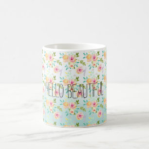 Aqua Ombre Pink Yellow Floral Coffee Mug