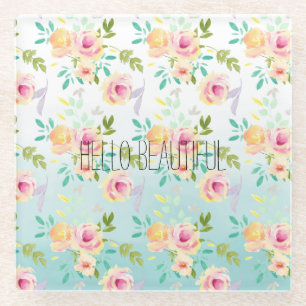 Aqua Ombre Pink Yellow Floral Glass Coaster