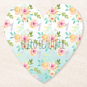 Aqua Ombre Pink Yellow Floral Paper Coaster