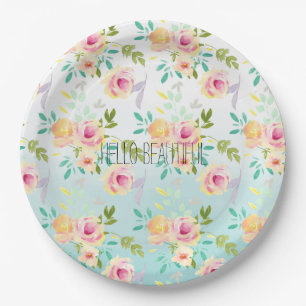 Aqua Ombre Pink Yellow Floral Paper Plate