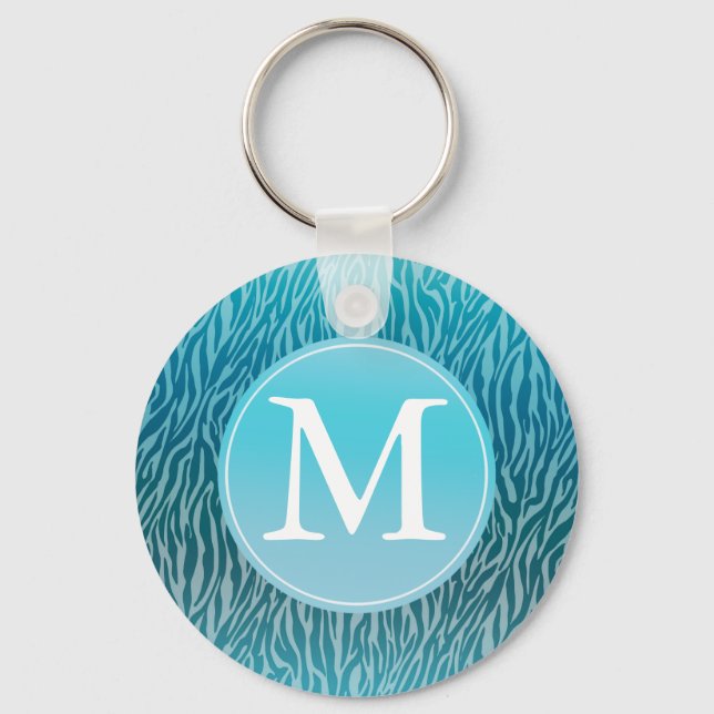 Aqua Ombre Zebra Print Monogram Key Ring (Front)