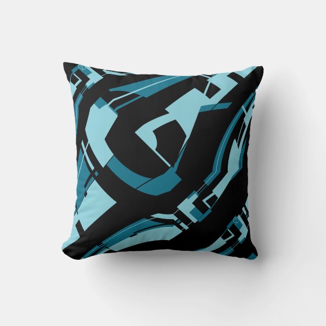 Aqua on Black Bold Diagonal Shapes Art Design Cushion (Front)