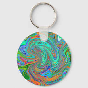 Aqua, Orange and Green Groovy Abstract Retro Art Key Ring