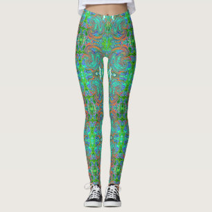 Aqua, Orange and Green Groovy Abstract Retro Art Leggings