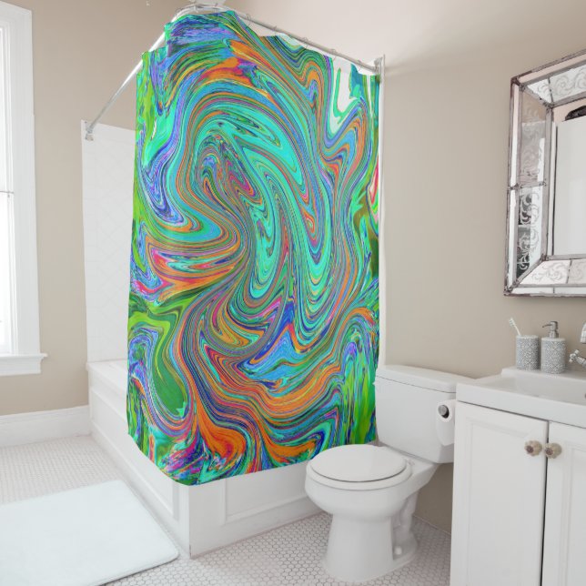 Aqua, Orange and Green Groovy Abstract Retro Art Shower Curtain (In Situ)
