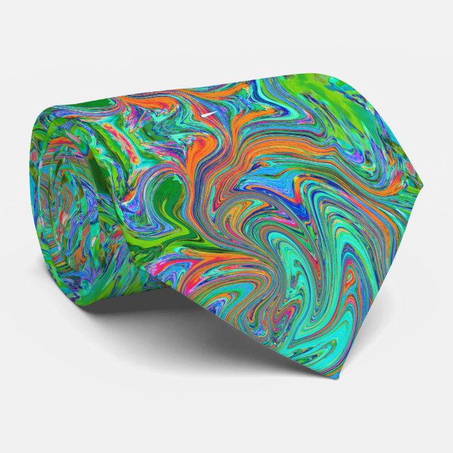 Aqua, Orange and Green Groovy Abstract Retro Art Tie (Rolled)