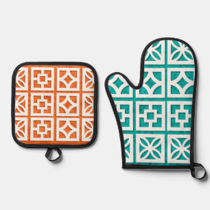 Aqua + orange Breeze Blocks, Oven Mitt / Hot Pot Oven Mitt & Pot Holder Set