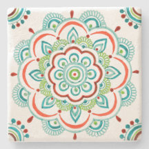Aqua orange lace mandala design coaster