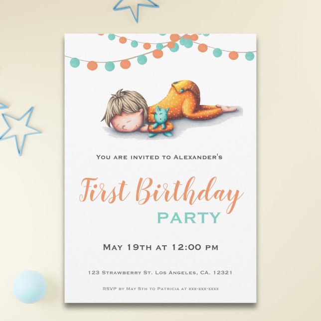 Aqua Orange Sleeping Boy Garland First Birthday Invitation (Creator Uploaded)