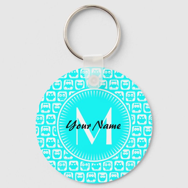 Aqua Owl Pattern Custom Monogram Personalised Name Key Ring (Front)