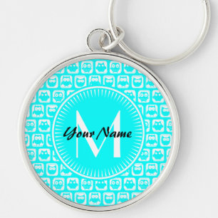 Aqua Owl Pattern Custom Monogram Personalised Name Key Ring