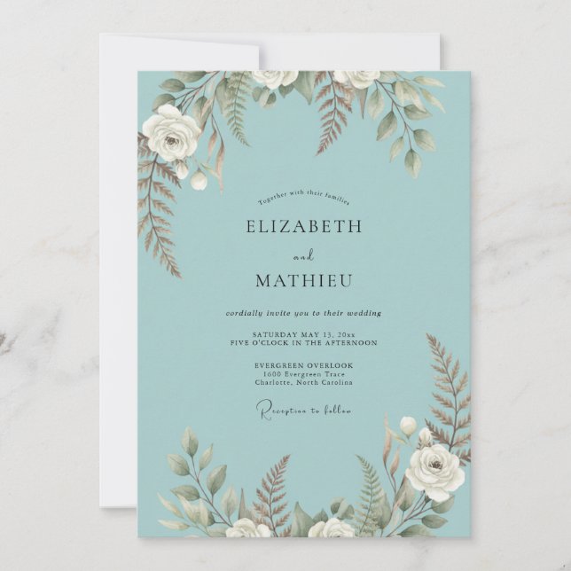 Aqua Painted Fern Wedding Invitation (Front)