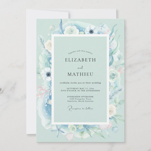 Aqua Painted Leafy Wedding Invitation (Front)