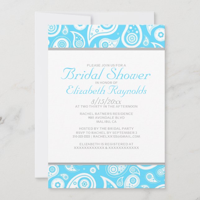 Aqua Paisley Bridal Shower Invitations (Front)